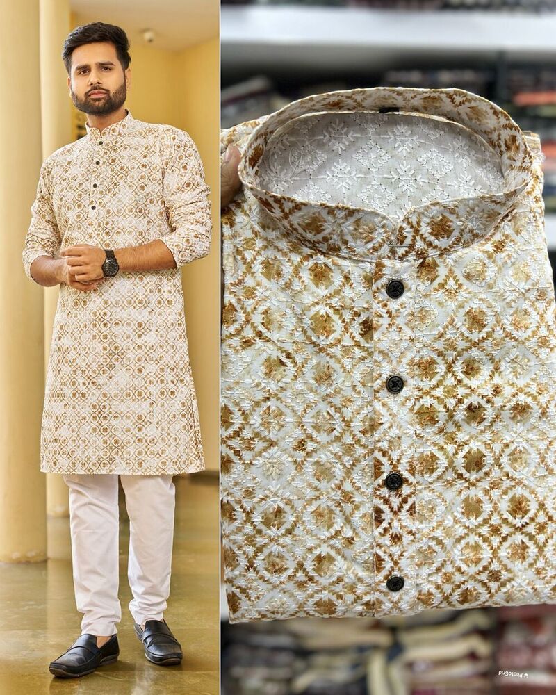 Schiffli Chikan Mans Kurta With Payjama