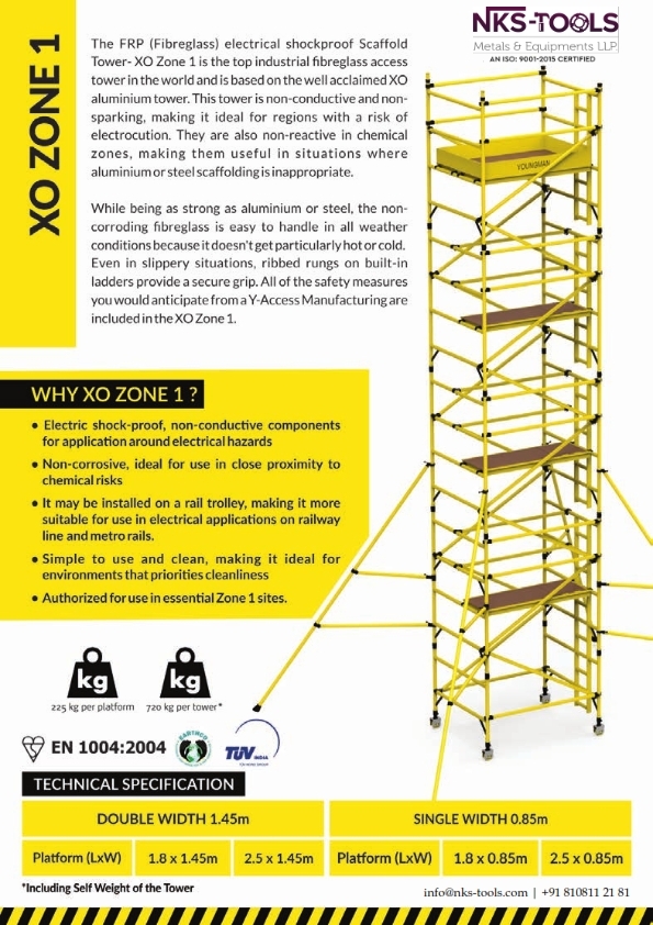 Frp Shockproof Scaffold - 6.2 M Platform Height, 0.85 X 1.8 M Dimensions, 220 Kg Load Capacity | En1004 Certified, Single Width, 8.2 M Working Height