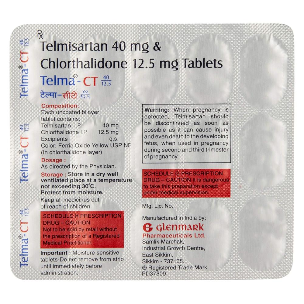 Telma-Ct 40/12.5 Telmisartan (40Mg) + Chlorthalidone (12.5Mg) Tablet - Shelf Life: 12 Months