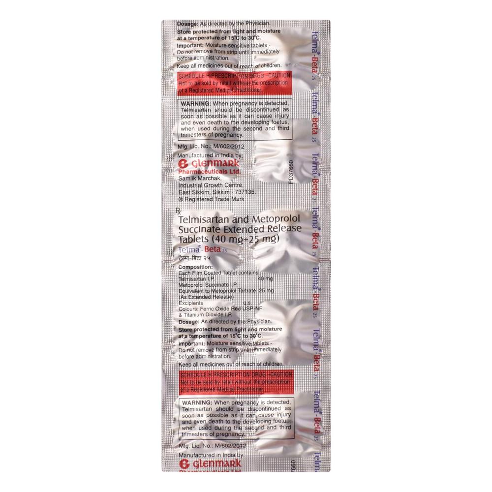 Telma-beta 25 Telmisartan (40mg) + Metoprolol Succinate (25mg) Extended Release Tablets - Shelf Life: 12 Months