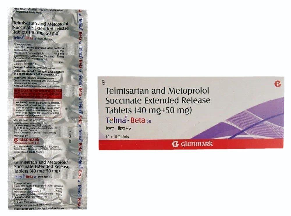 Telma-beta 50 Tablet Er Telmisartan (40mg) + Metoprolol Succinate (50mg) - Shelf Life: 12 Months