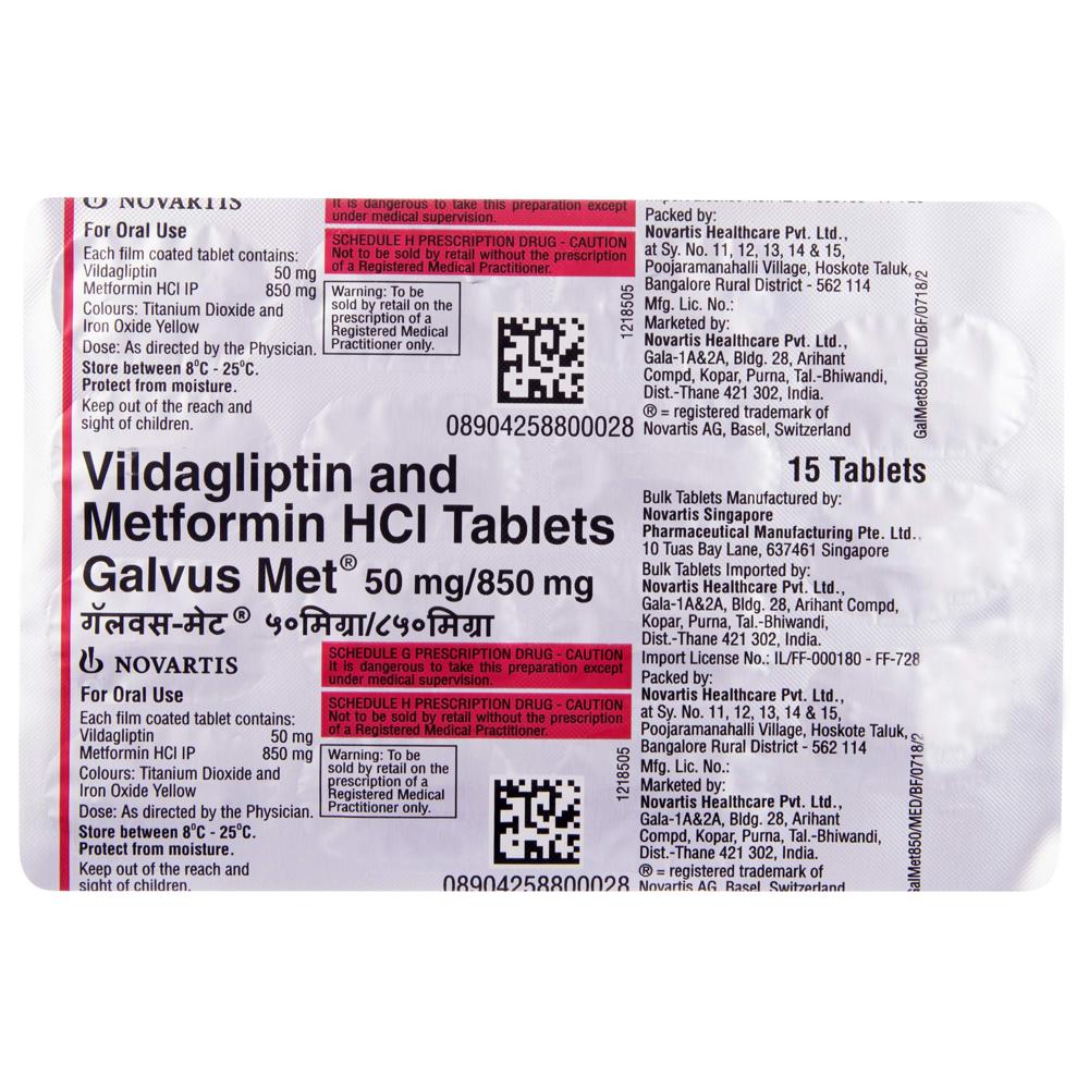 Galvus Met 50mg/850mg Metformin (850mg) + Vildagliptin (50mg) Tablet