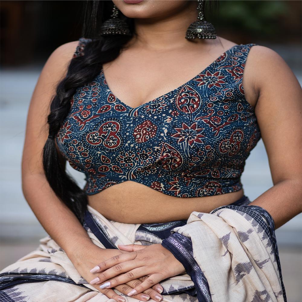 Cotton Ajrak Blouse - Color: Blue