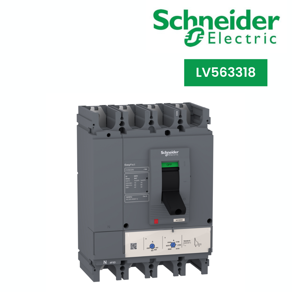 LV563318-circuit breaker EasyPact CVS630N, 50 kA at 415 VAC, 500 A rating thermal magnetic TM-D trip unit, 4P 3d