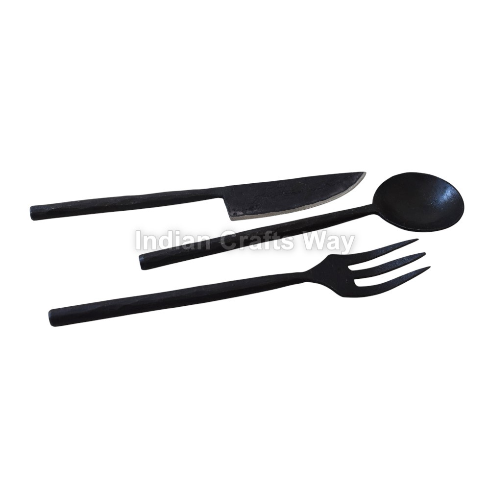 Hand Forged Medieval Iron Cutlery Set - Color: Black