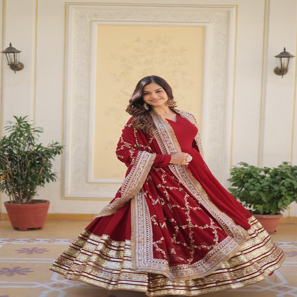 Indian Boutique Stylish Red Anarkali Gown - Bust Size: 35 Inch (In)