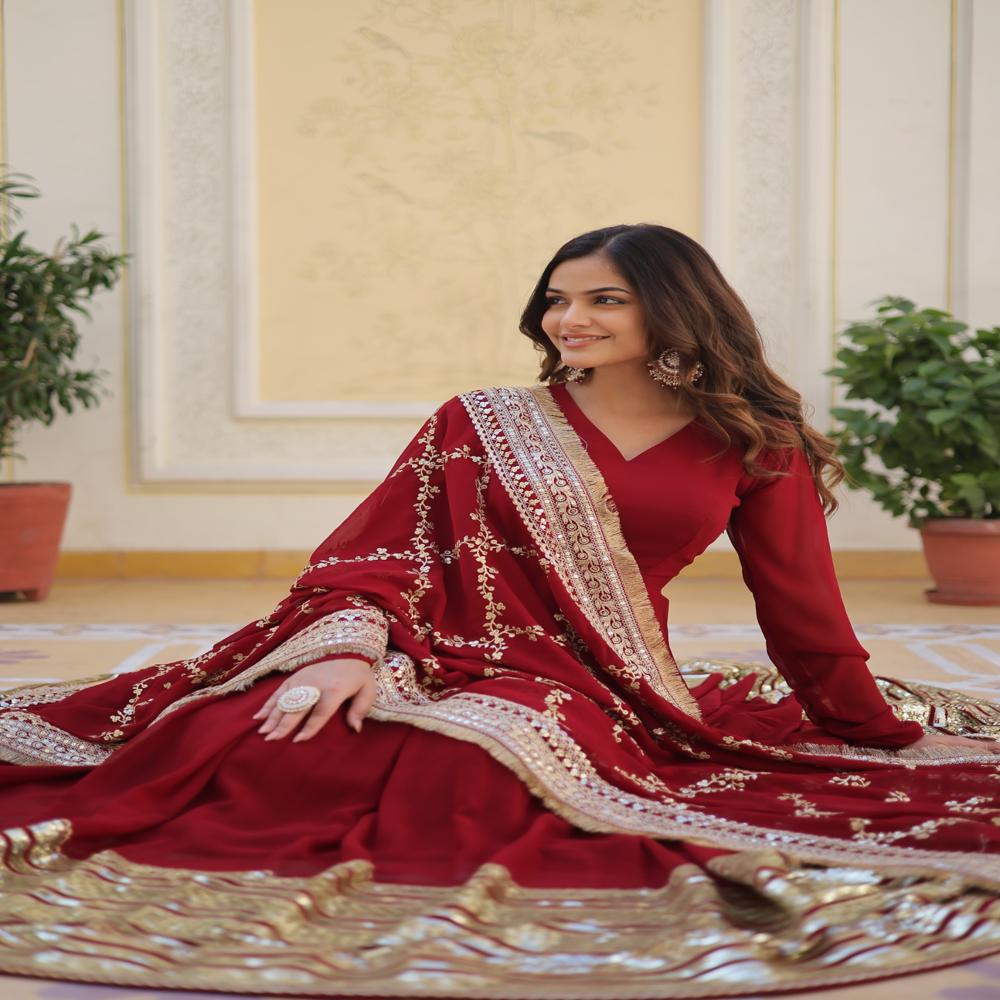 Indian Boutique Stylish Red Anarkali Gown - Bust Size: 35 Inch (In)