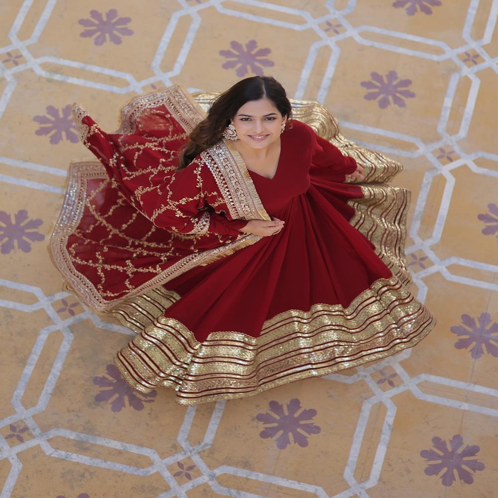 Indian Boutique Stylish Red Anarkali Gown - Bust Size: 35 Inch (In)