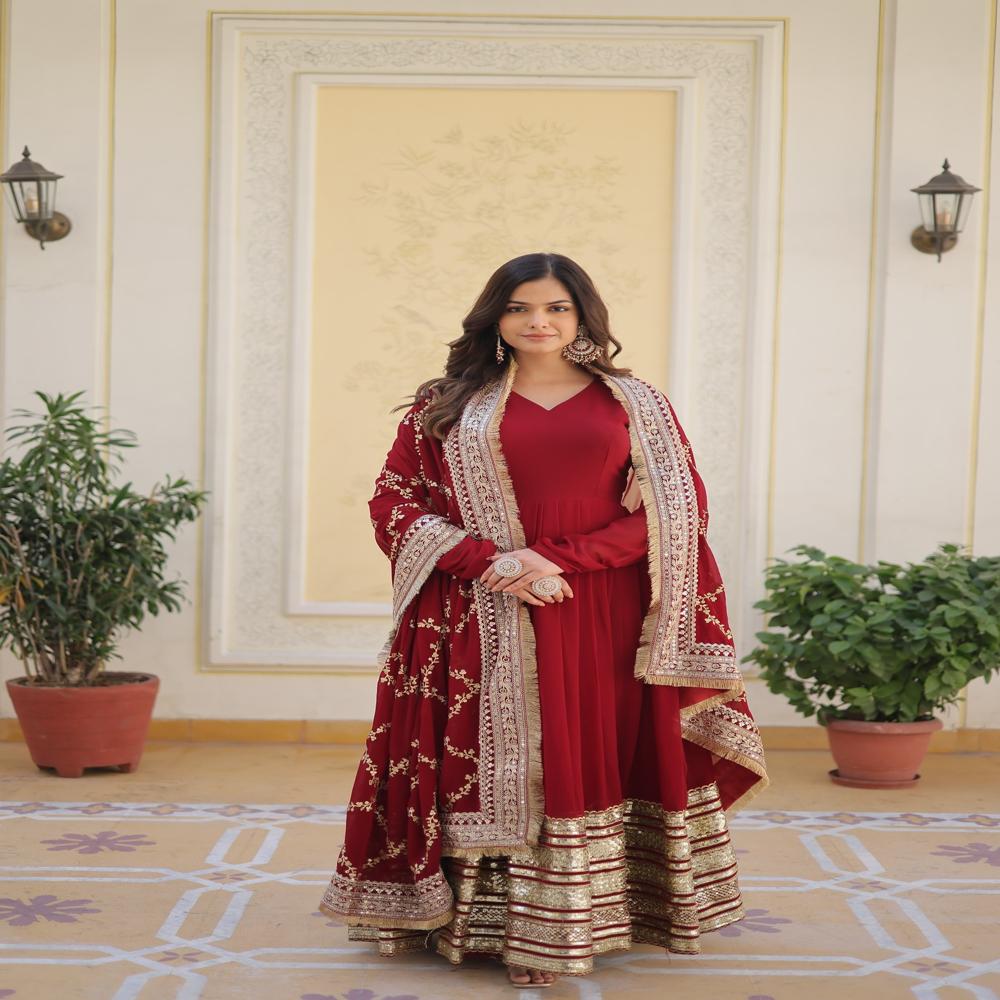 Indian Boutique Stylish Red Anarkali Gown - Bust Size: 35 Inch (In)