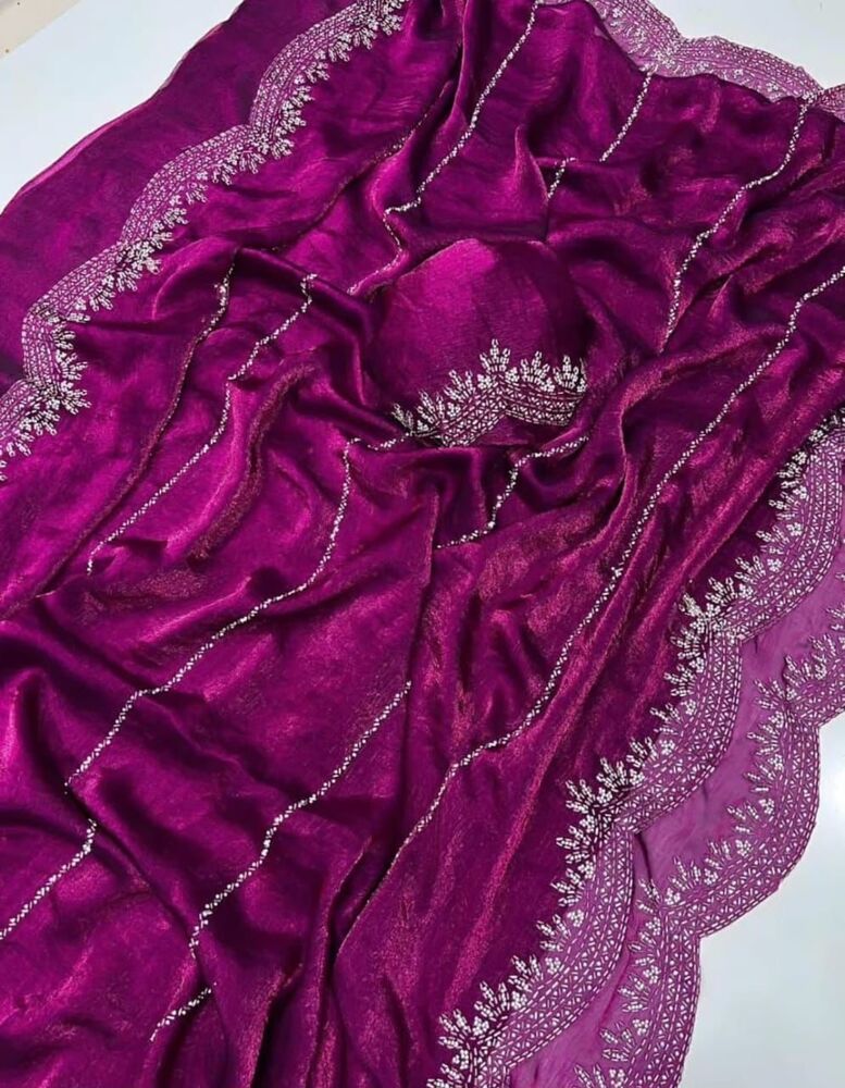 Fendy Chiffon Jarkhan Dimound Work Saree With Running Blouse