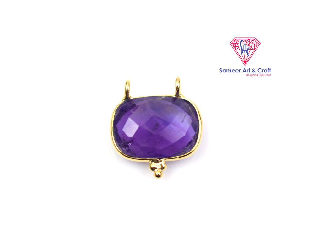 Brass With Gold Plated Natural Gemstone Faceted Cut Rectangle Shaped Bezel Connector