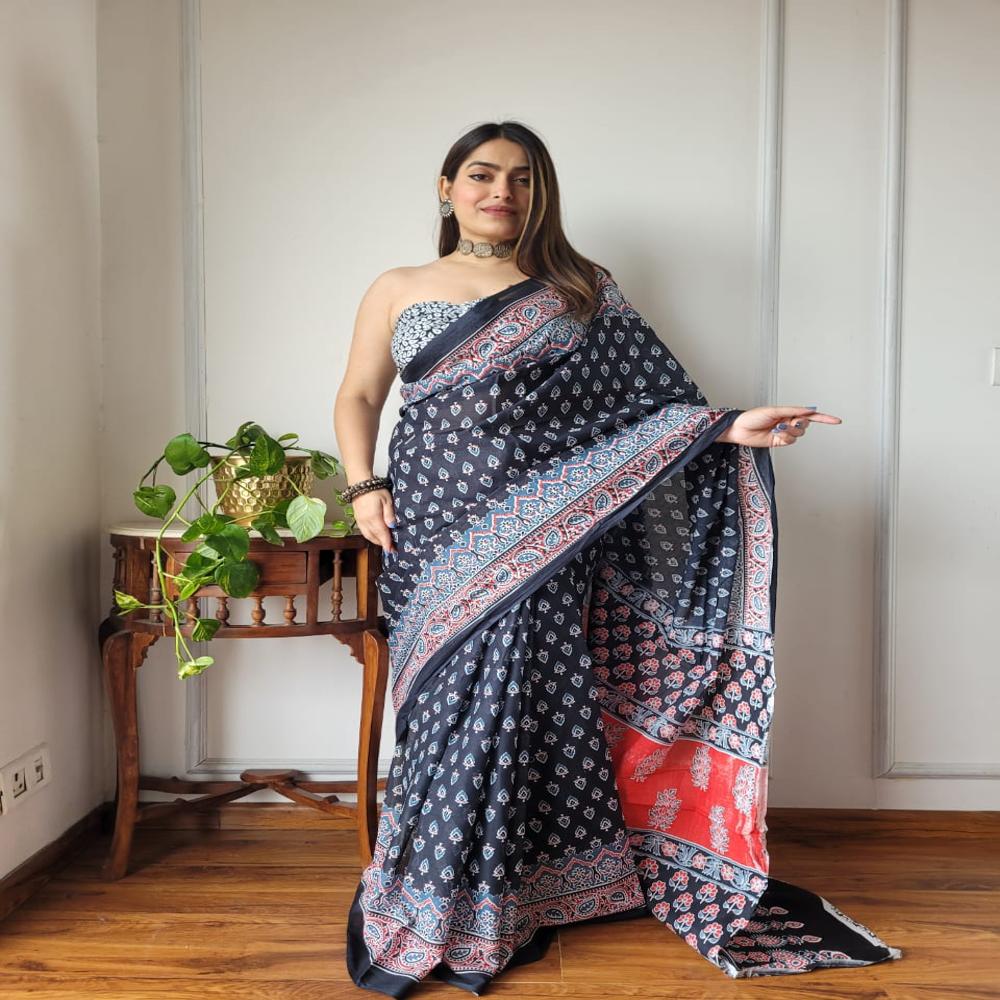 Pure Cotton Colourfull Hand Block Printed Saree, Natural dyed organic sarees