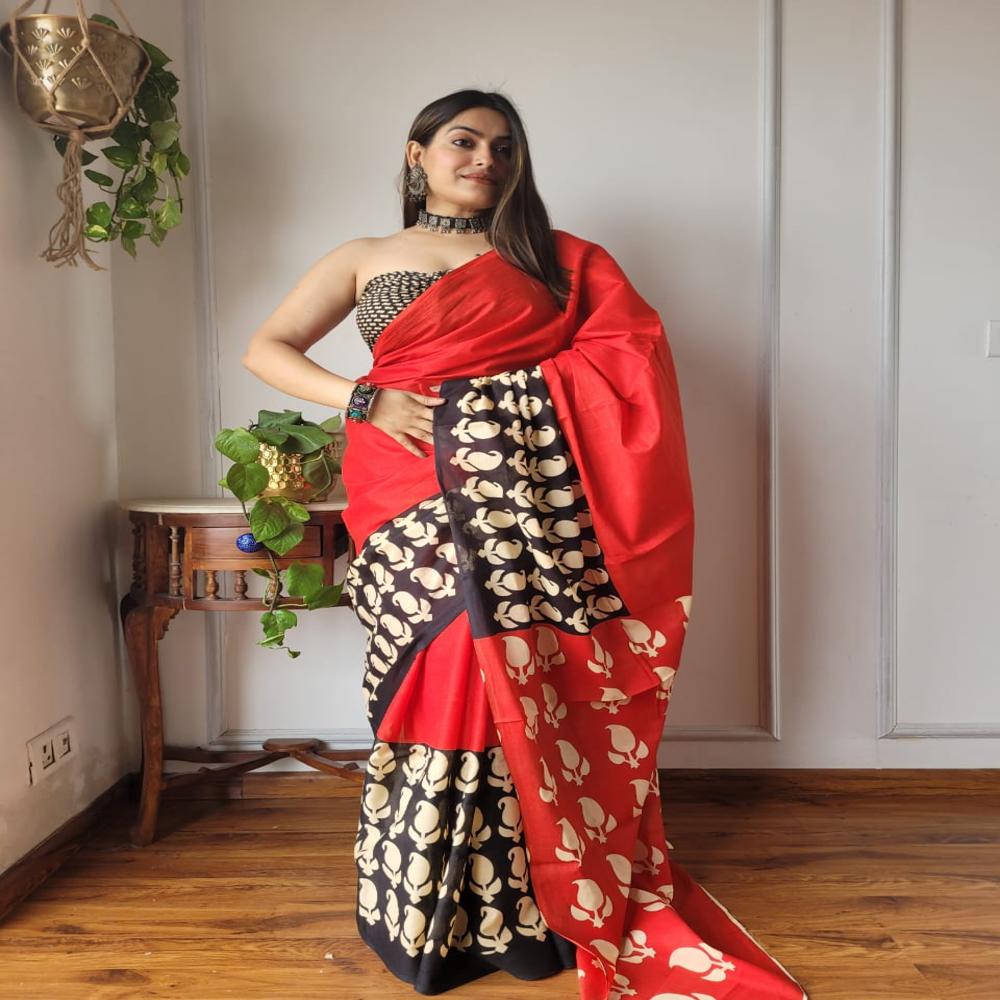 Pure Cotton Colourfull Hand Block Printed Saree, Natural dyed organic sarees