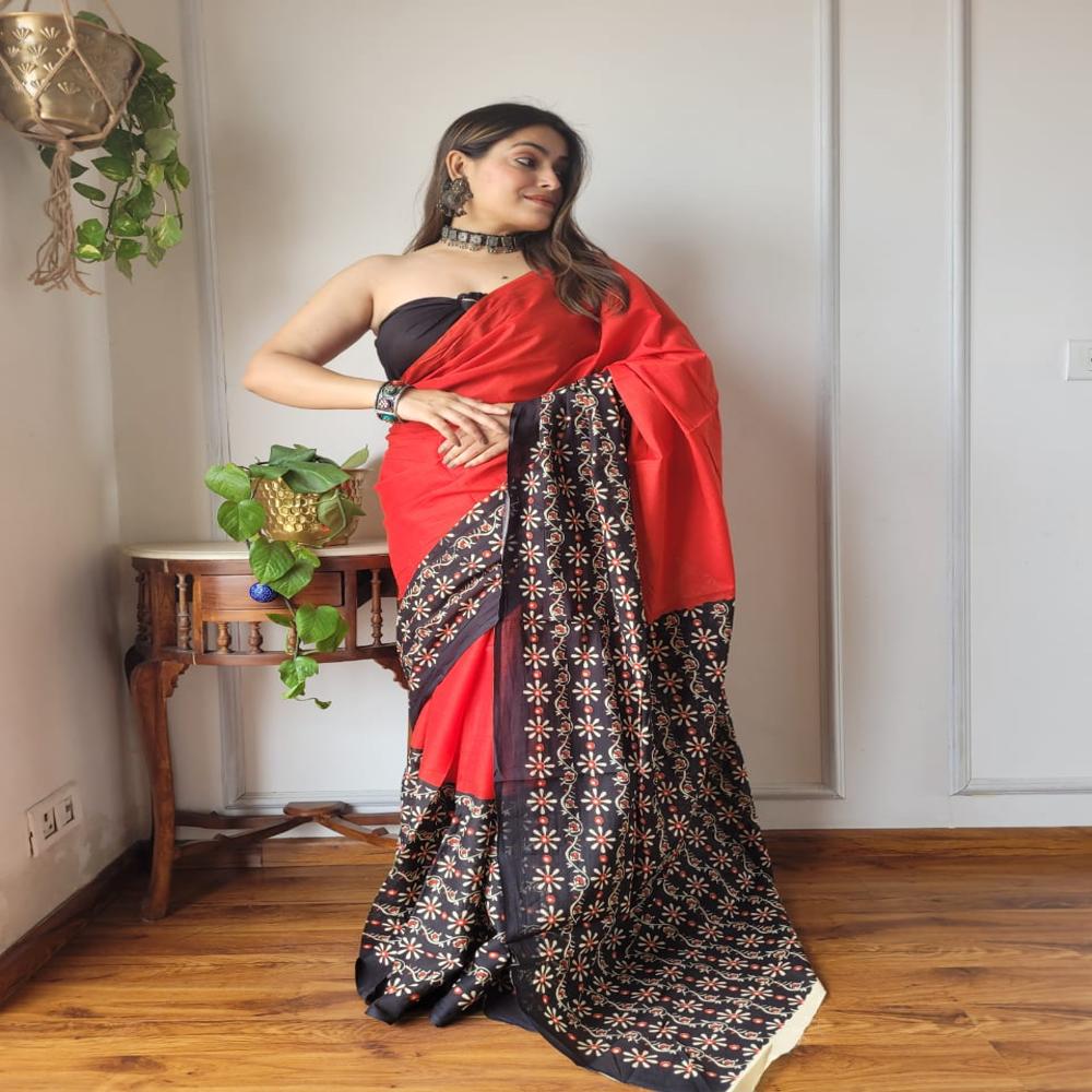 Pure Cotton Colourfull Hand Block Printed Saree, Natural dyed organic sarees