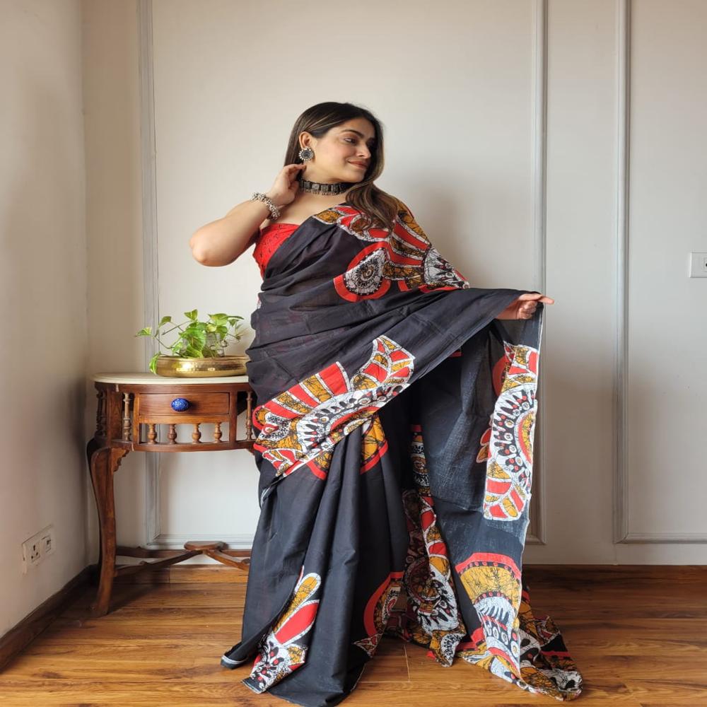 Pure Cotton Colourfull Hand Block Printed Saree, Natural dyed organic sarees