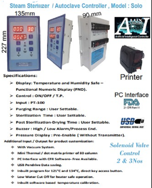 Steam Sterilizer And Autoclave Controller (solo) - Dimension (l*w*h): 135*9*22.7  Centimeter (cm)