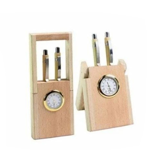 Wooden Desktop Pen Stand With Clock - Color: Different Available