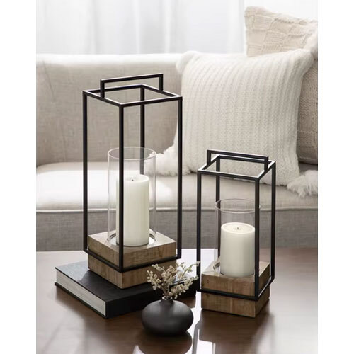 Elegant Candle Holder Lantern Mango Wood And Iron Square Frame With Glass Jar For Weddings And Home Ambiance