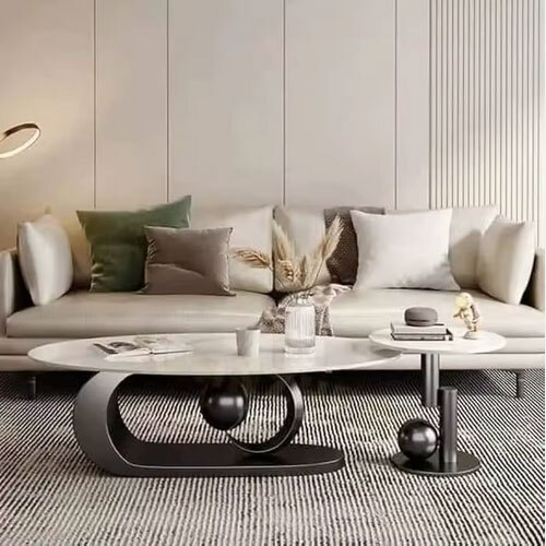 Moon Design Coffee Table With Stainless Steel Basemarble Top And Black Finish Elegant Centerpiece For Your Living Room Decor - Assembly: No Assembly Required