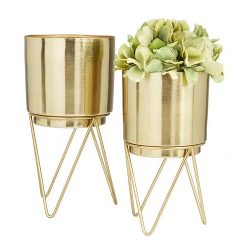 Smooth Edges Lightweight Perfect Shine Metal Planters With Stand For Outdoor & Indoor Home Use From Indian Supplier - Color: Golden