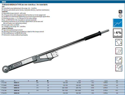 Gedore Torque Wrench Type 88    100 -1500Nm Handle Material: Steel