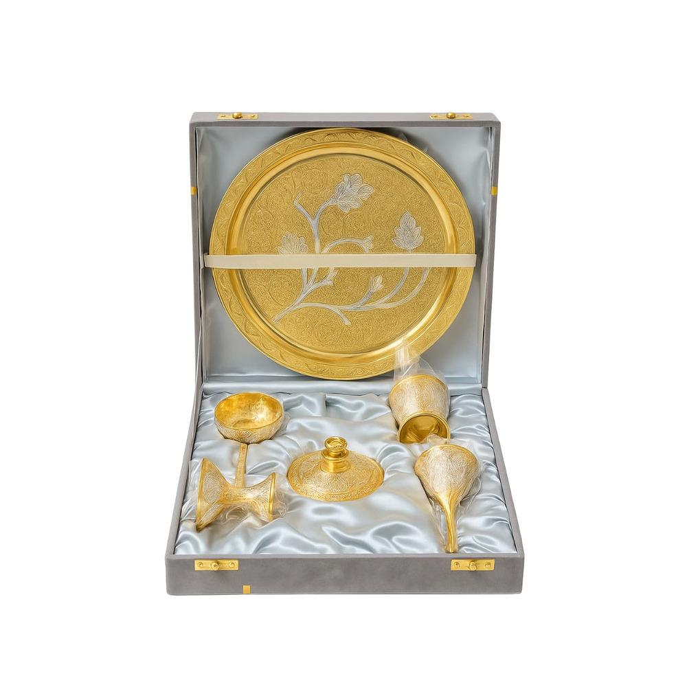 Brass Heavy German Silver Pooja Set - Color: Golden