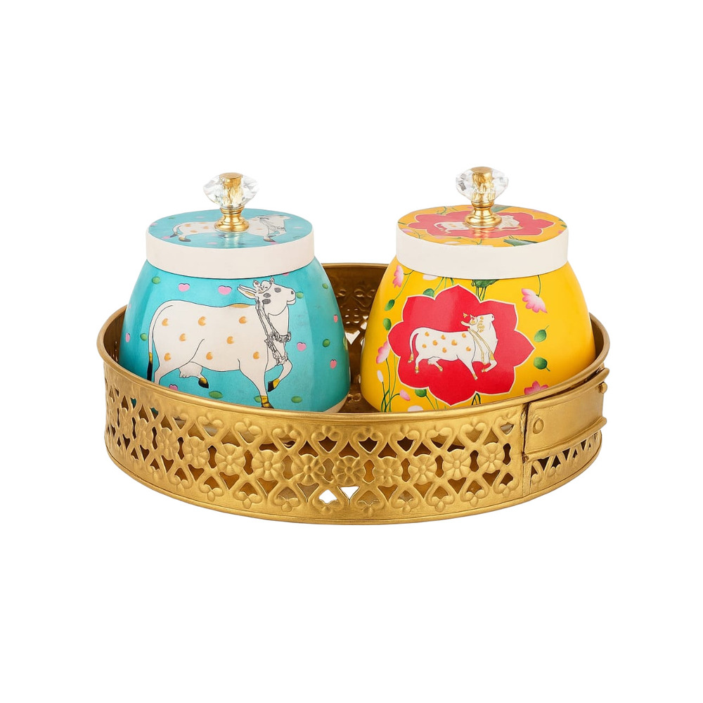 Brass Round Basket With Two Jar - Color: Golden