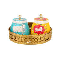 Brass Round Basket With Two Jar - Color: Golden