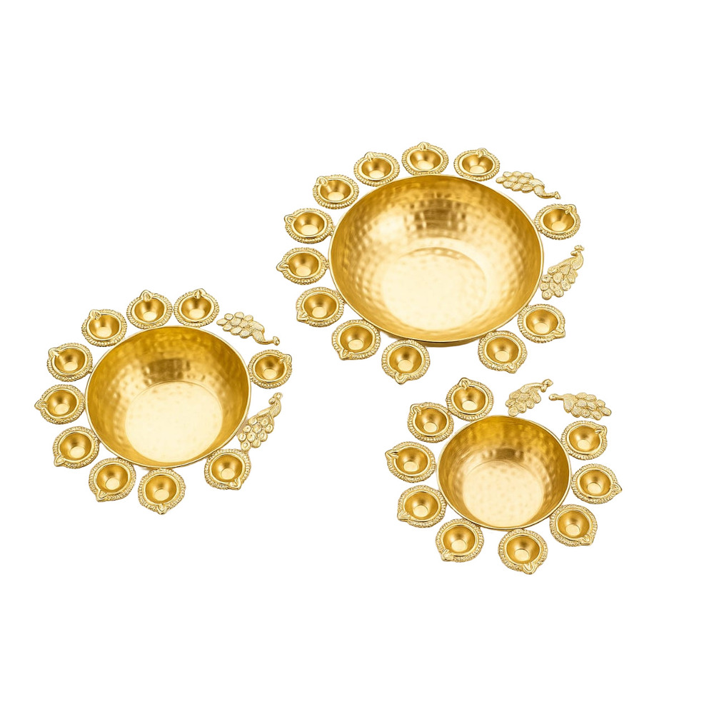 Brass Peacock Diya Urli Set - Color: Golden