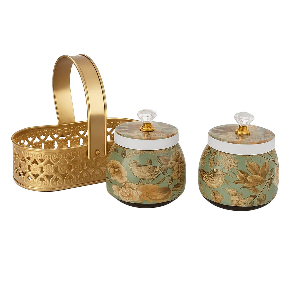 Brass Set Of Two Jar With Basket - Color: Golden