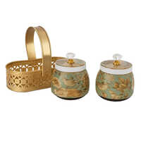 Brass Set Of Two Jar With Basket - Color: Golden