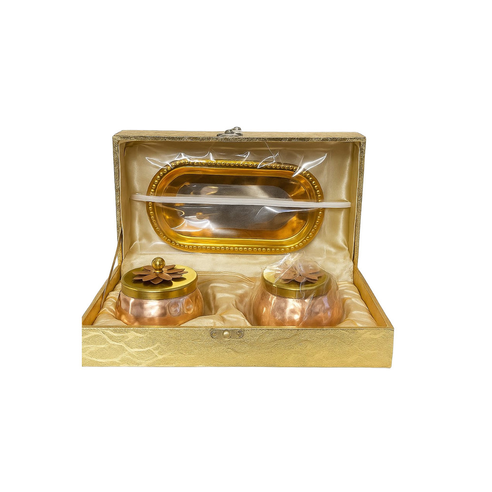 Brass Dry Fruit Matki Set With Tray - Color: Golden