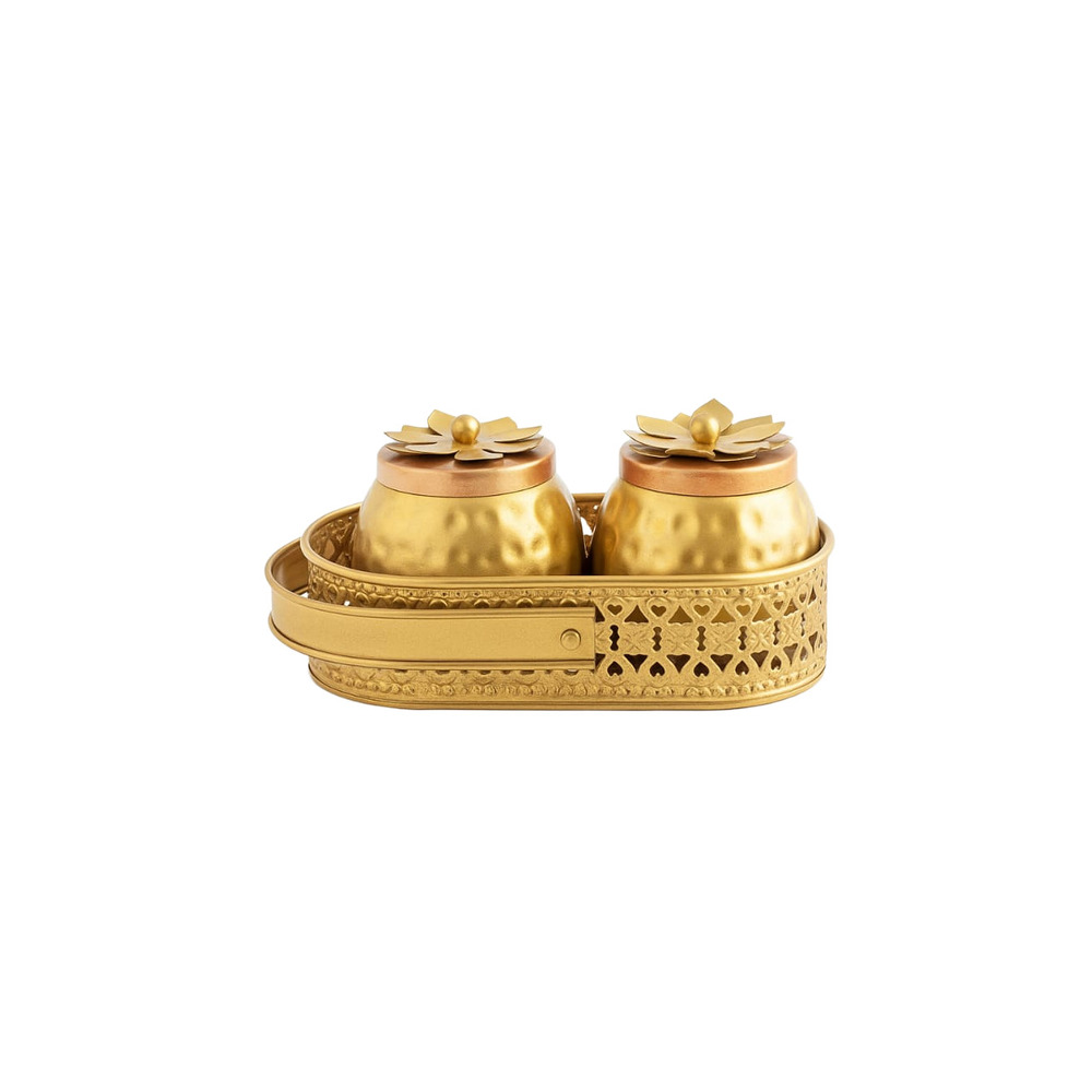 Brass Oval Tray With Two Jar Set - Color: Golden