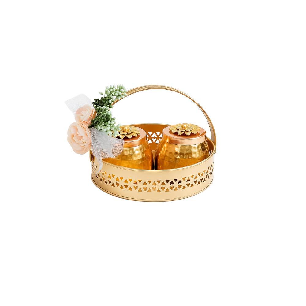 Brass Round Fancy Basket With 2 Jar Set - Color: Golden