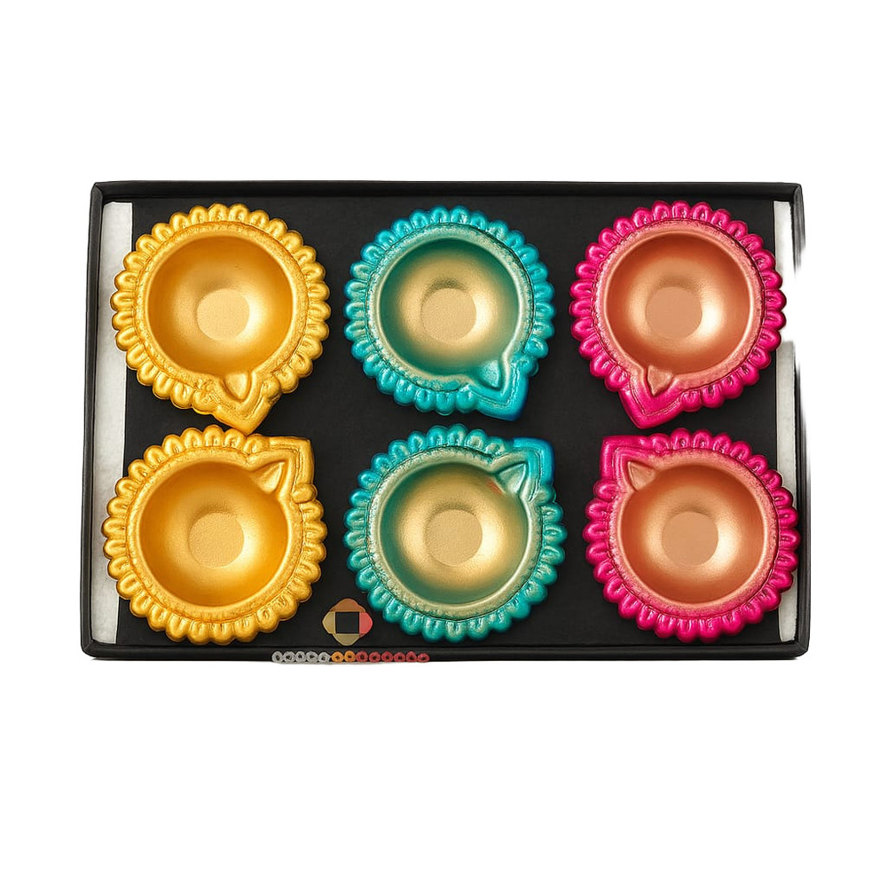 Multicolour Metal Diya Set Off 6 - Design Type: Traditional Hand-Painted