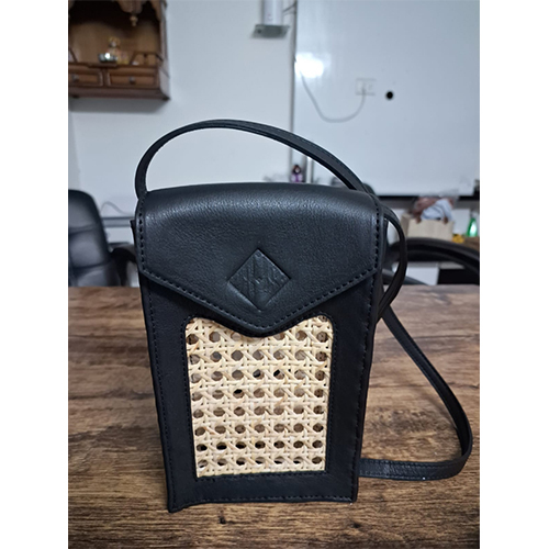 Leather With Ratan Cane Bag - Color: Black