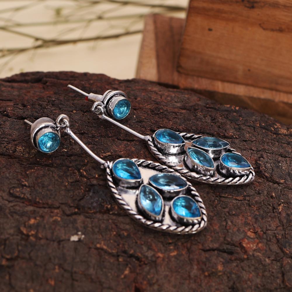 Handcrafted Blue Stone Silver Dangle Earrings for Women