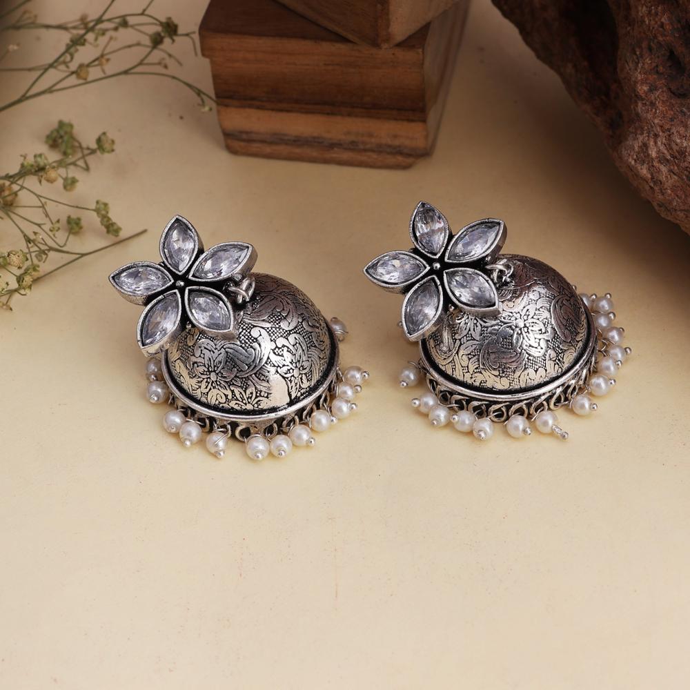 Oxidised Floral Top Jhumka Earrings with Hanging Pearls
