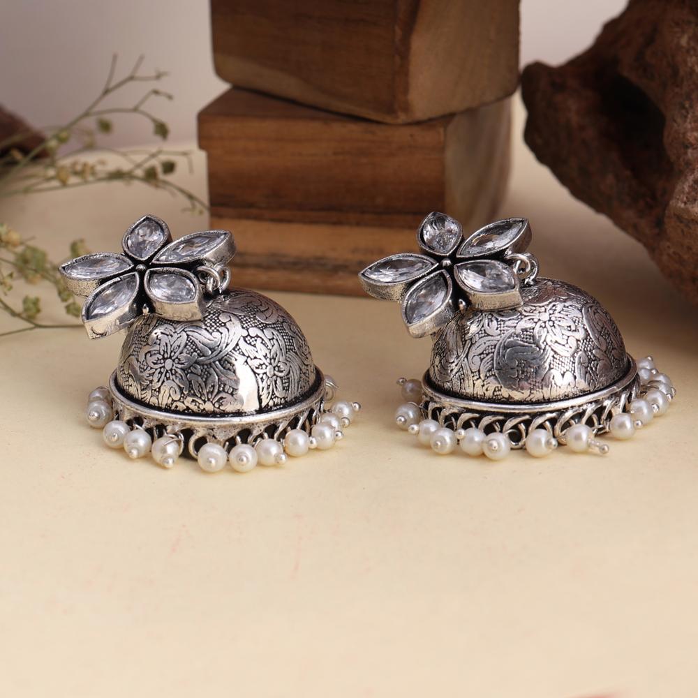 Oxidised Floral Top Jhumka Earrings with Hanging Pearls