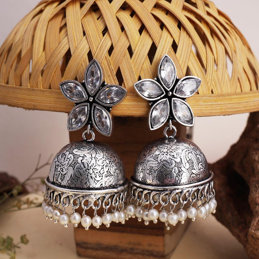 Oxidised Floral Top Jhumka Earrings with Hanging Pearls