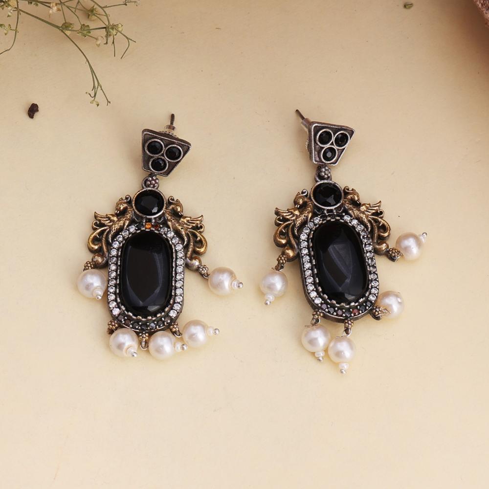 Two-tone Kohl Black Ethnic Earrings With Pearls Drops Looks Beautiful