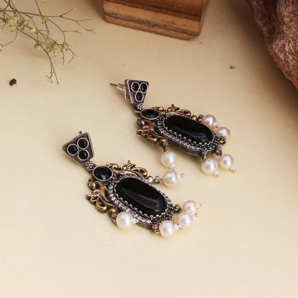 Two-tone Kohl Black Ethnic Earrings With Pearls Drops Looks Beautiful