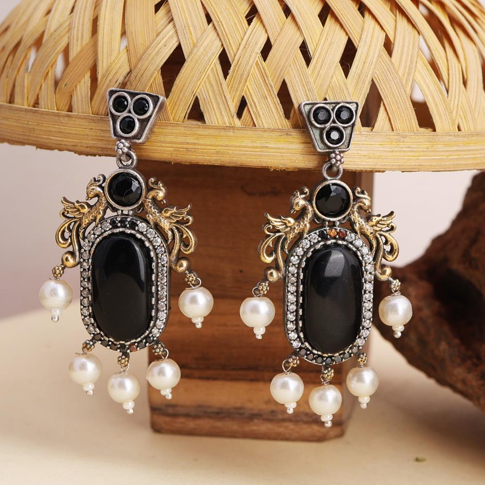 Two-tone Kohl Black Ethnic Earrings With Pearls Drops Looks Beautiful