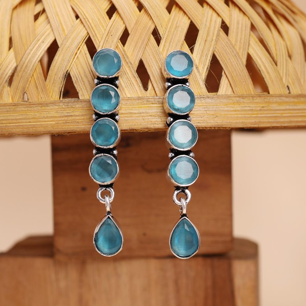 Elegant Blue Monalisa Stone Silver-Plated Dangle Earrings For Party Wear Girls  oxidized jewelry, brass earrings, handmade jewelry, jhumka, indian jewelry