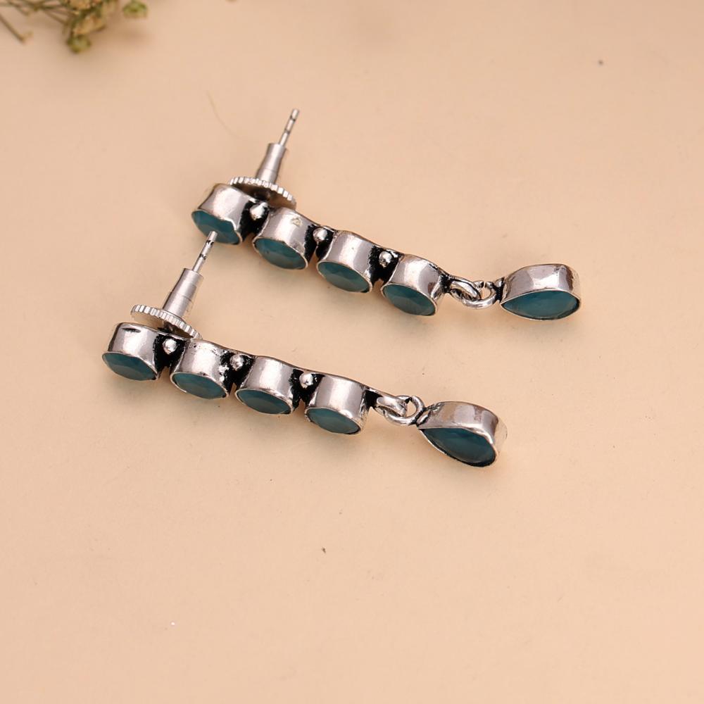 Elegant Blue Monalisa Stone Silver-Plated Dangle Earrings For Party Wear Girls  oxidized jewelry, brass earrings, handmade jewelry, jhumka, indian jewelry