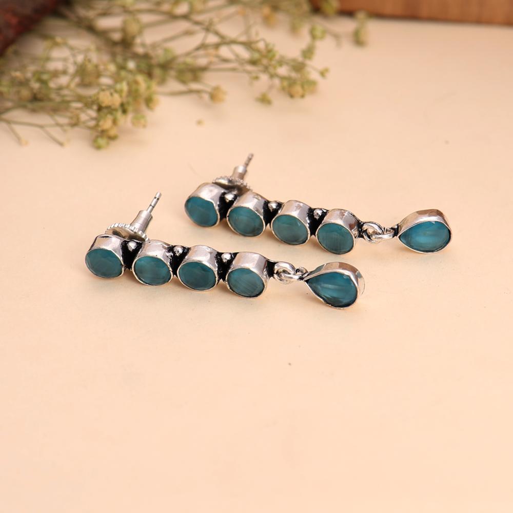 Elegant Blue Monalisa Stone Silver-Plated Dangle Earrings For Party Wear Girls  oxidized jewelry, brass earrings, handmade jewelry, jhumka, indian jewelry