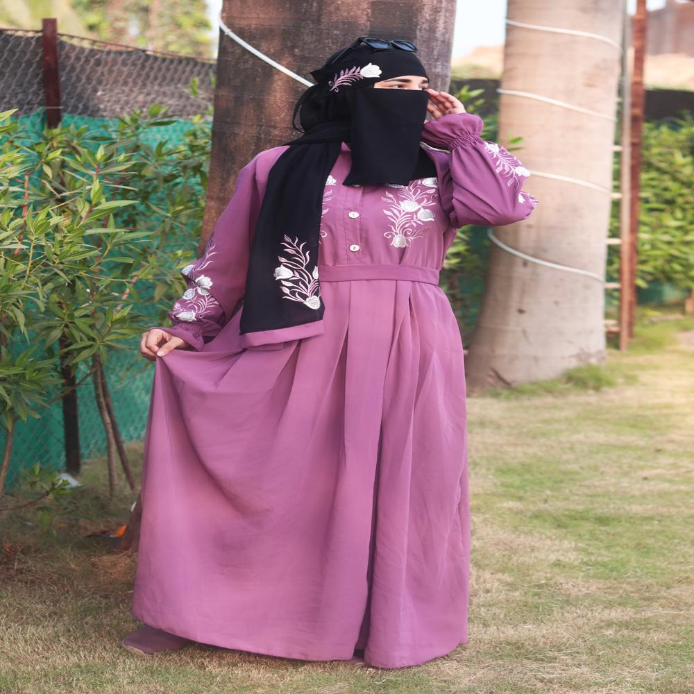 Purple Abaya Embroidery Work Burqa For Women Modest Wear Stylish Dubai Abaya