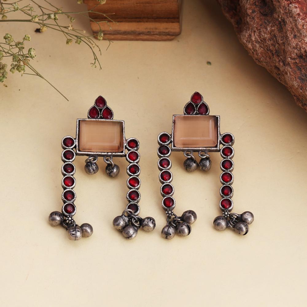 Monalisa Handcrafted Oxidized Silver Dangle Earrings with Red Stone Accents and Ghungru Drops