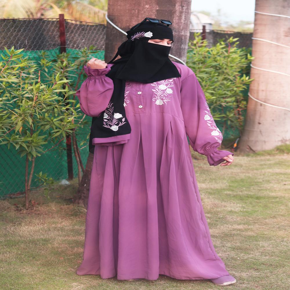 Purple Abaya Embroidery Work Burqa For Women Modest Wear Stylish Dubai Abaya
