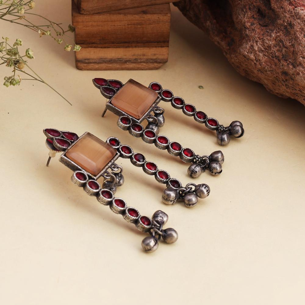 Monalisa Handcrafted Oxidized Silver Dangle Earrings with Red Stone Accents and Ghungru Drops